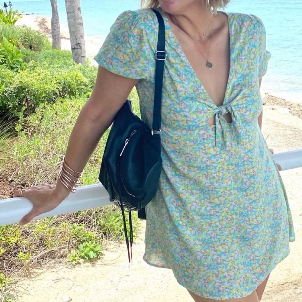 Bp. Womens Tie Front Mini Dress Green Multi‎ Maisey Ditsy Floral Plus Size 1X - Picture 2 of 12